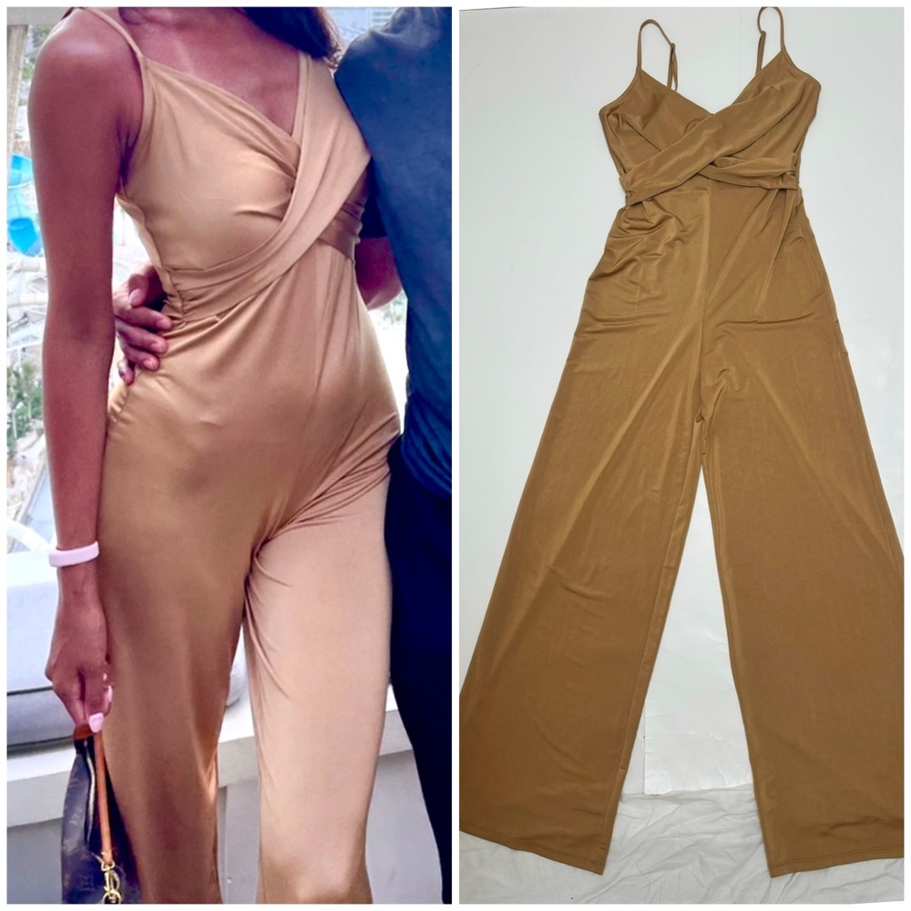 NWT 3ena camel jumpsuit shiny stretchy wide leg 70s retro Cher outfit